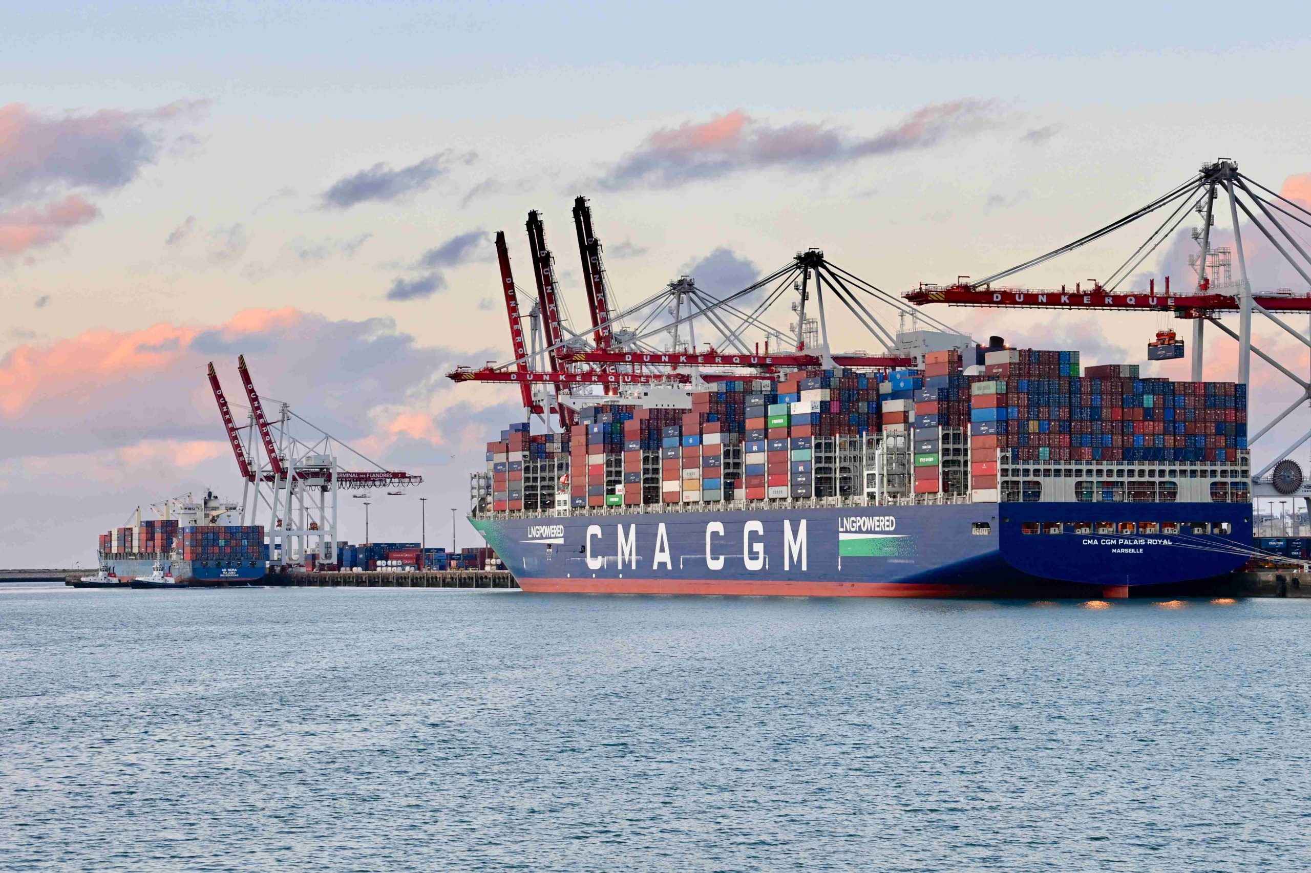 porte conteneurs cma cgm bleu et portiques